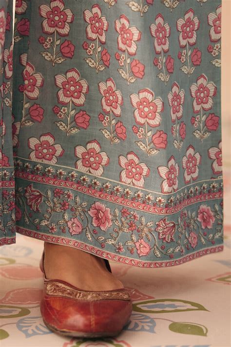 Buy Grey Hand Printed Cotton Slub Farsi for Women | Farida Gupta ...