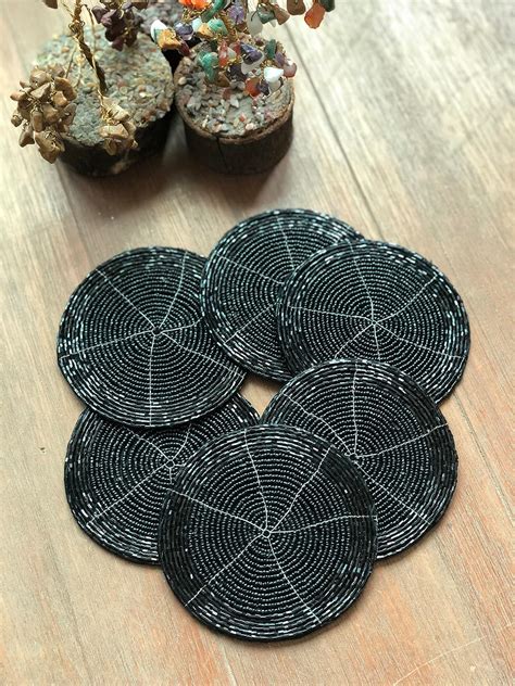 Master Piece Crafts Set of 6 Black Glass Bead Coasters, Handmade Tea ...
