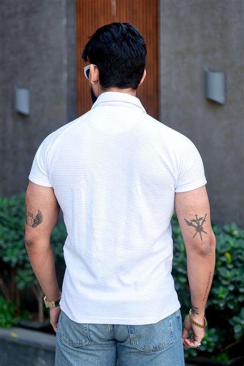 White Self Design Zipper Polo Collar T-Shirt – Gritstones