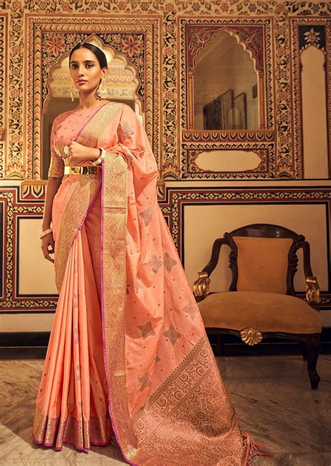 Soft Tussar Silk Peach Saree – Sunasa