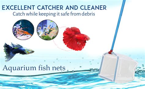 RIA Aquarium Fish Catching Net (46cm x 16cm) with Long Blue Handle and ...