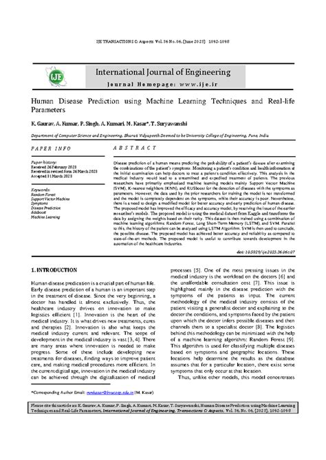 Human Disease Prediction Using ML Techniques - IJE C: Aspects Vol. 36 ...