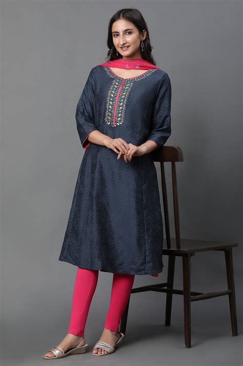 Buy Royal Blue Glitter Printed A-Line Kurta, Tights And Dupatta Set ...