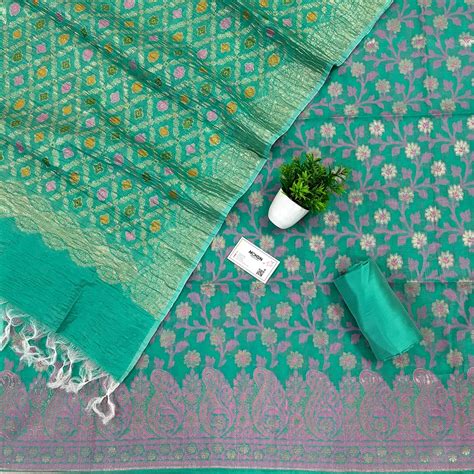 Sea Green Pakki Jaal Crush Cotton Silk Banarasi Suit – Mohsin Textiles