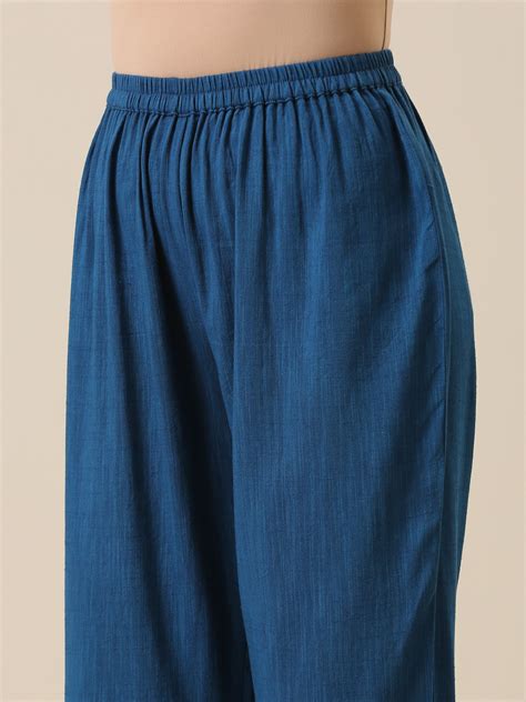 Classic Blue Slub Texture Overlap Pleat Kurta Pant Set – trueBrowns