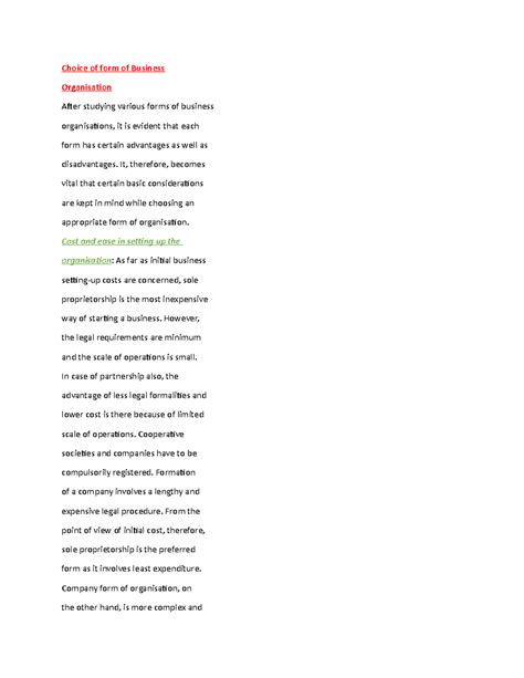 Factors Determining Form of an Organisation - Choice of form of ...
