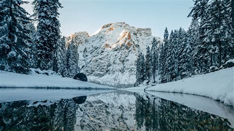 river, mountain, snow, winter, nature, 4k HD Wallpaper