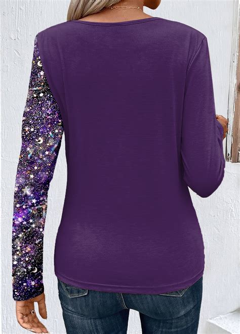 Dark Purple Patchwork Long Sleeve T Shirt | modlily.com - USD 33.98