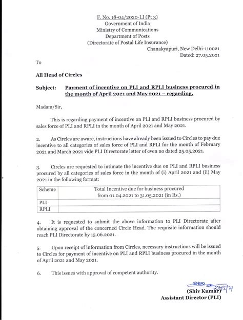 Payment of incentive for PLI/RPLI Business procured in the month of ...