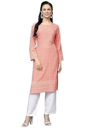 Buy Yashika Women's Chikankari Orange Color Long Sleeve Straight Kurta ...