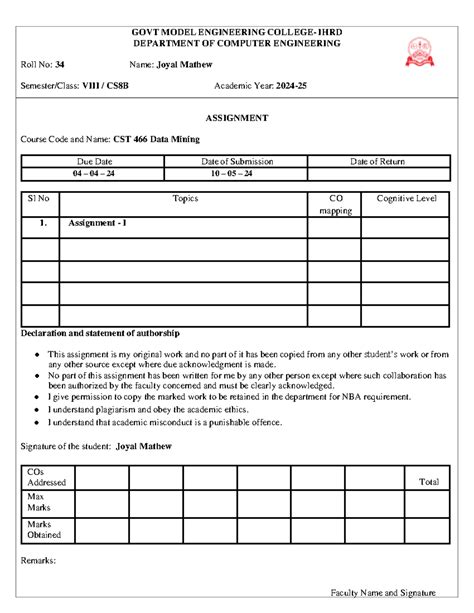 (Data Mining) Assignment - GOVT MODEL ENGINEERING COLLEGE- IHRD ...