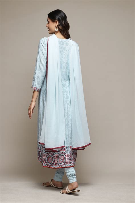 Powder Blue Rayon Gathered Kurta Churidar Suit Set