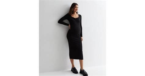 Maternity Black Ribbed Jersey Long Sleeve Midi Dress | New Look