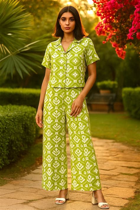 Women's Cotton Notch Collar Top With Trouser Set – BITTERLIME