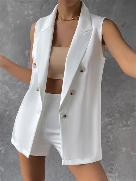 Lapel Neck Double Breasted Vest Blazer & Shorts | SHEIN USA