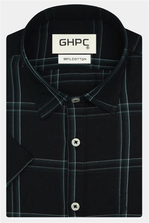 Men's 100% Cotton Checkered Half Sleeves Shirt (Black)