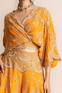 Buy Orange V-neck Hand Embroidered Kaftan And Sharara Set For Women by ...