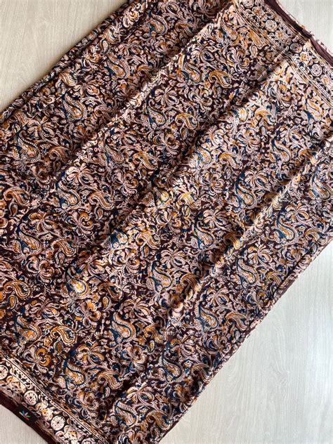 Paisley Handblock Printed Kalamkari Mul Cotton Saree - 31950_31951 – FABK