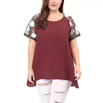 Women's Plus Size Summer Sheer Mesh Panel Short Sleeves Blouse