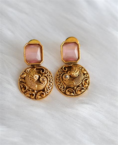 Antique gold tone block baby pink-sea green stone swan necklace set dj ...