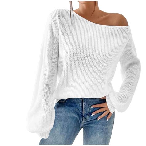 HAiming Women's off Shoulder Sweaters Fall Winter Solid Color Long ...