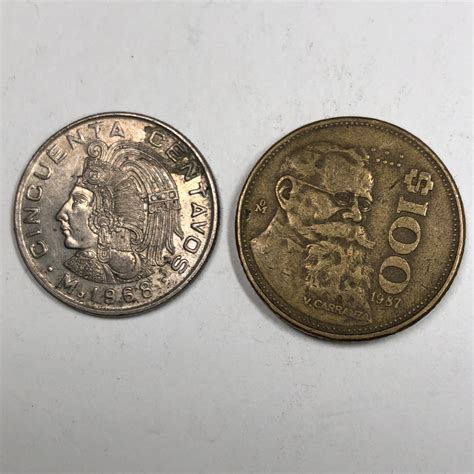 Lot of Two Mexican Coins: 1968-Mo 50 Centavos and 1987-Mo $100 ...