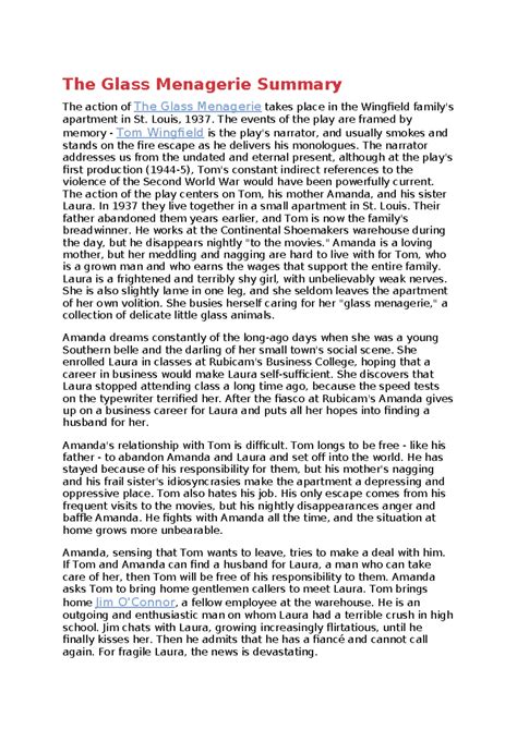 The Glass Menagerie Summary - Louis, 1937. The events of the play are ...