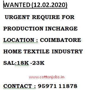 WANTED PRODUCTION INCHARGE (COIMBATORE JOBS ) POST : 12.02.2020