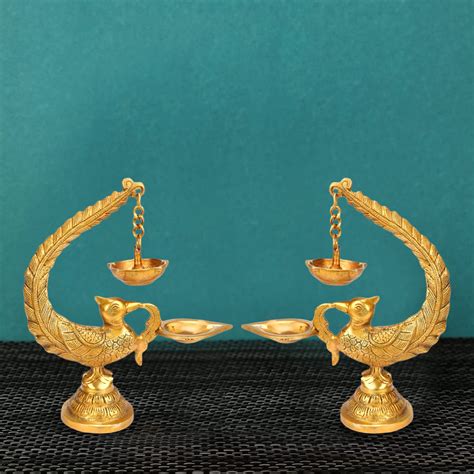 Kartique Brass Peacock Bird Design Diya Pair Stand Holder, Standard ...