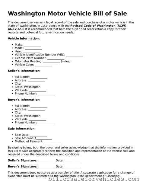 Valid Washington Motor Vehicle Bill of Sale Forms - Simple PDF Template