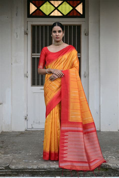 Gold Yellow Linen Raw Silk Saree – Vishnu Weaves