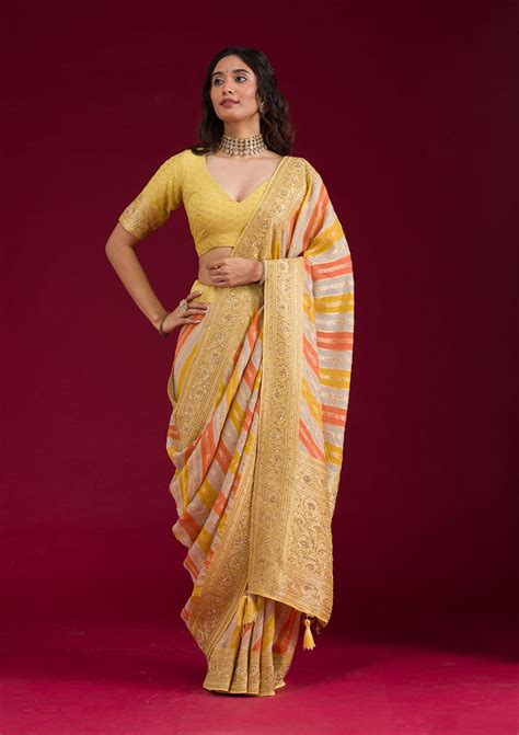 Buy Yellow Plain Georgette Saree - Koskii