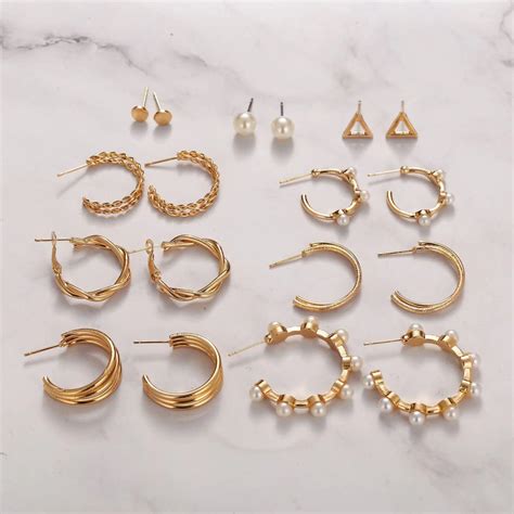 Set of 9 Gold Personality Pearl Gold Plated Vintage Hoops and Studs