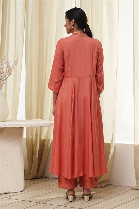 Buy Peach Modal Printed Angrakha Anarkali Suit Set Online at Biba India