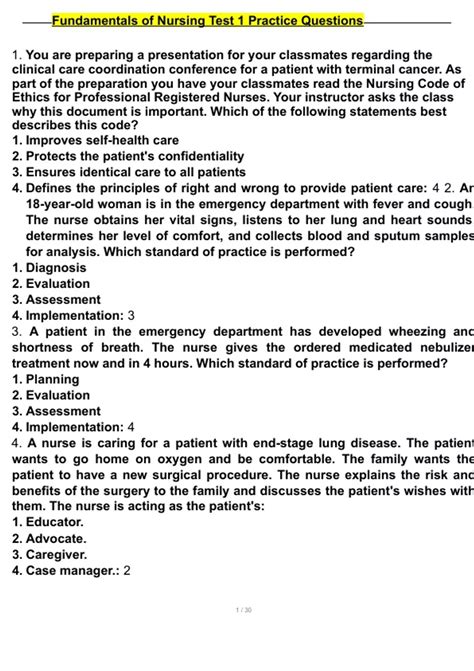 Fundamentals of Nursing Test 1 Practice Questions With 100% Verified ...