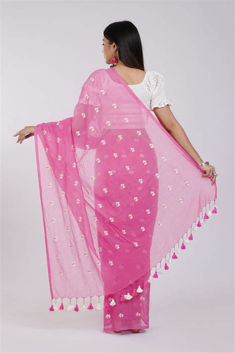 Teejh Reiya Pink Embroidered Mulmul Cotton Saree