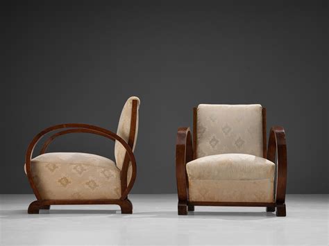 Art Deco Pair of Lounge Chairs in Walnut and Floral Upholstery For Sale ...