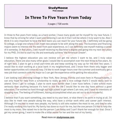 In Three To Five Years From Today - 5 years from now essay sample: Free ...