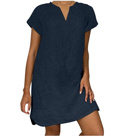 YanHoo Linen Dresses for Women Summer Plus Size Short Sleeve V Neck ...
