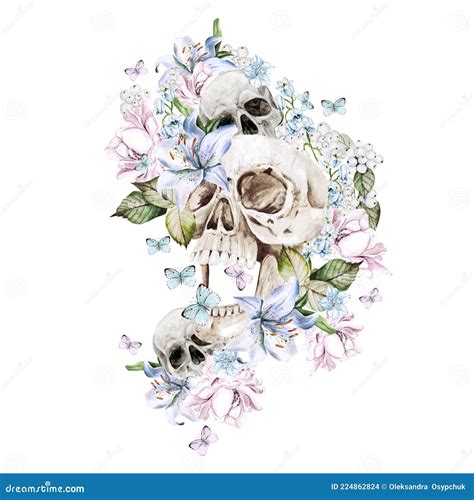 Beautiful Watercolor Skull with Flowers of Peony and Roses Stock ...