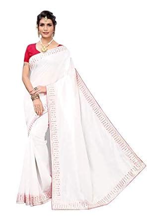 Buy GoSriKi Women's White Color Art Silk Border Lace Stones Saree With ...
