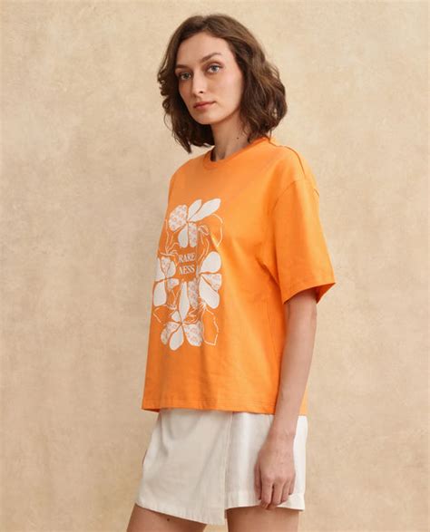 Rareism Women's Stunt Orange Cotton Crew Neck Graphic Print Oversized
