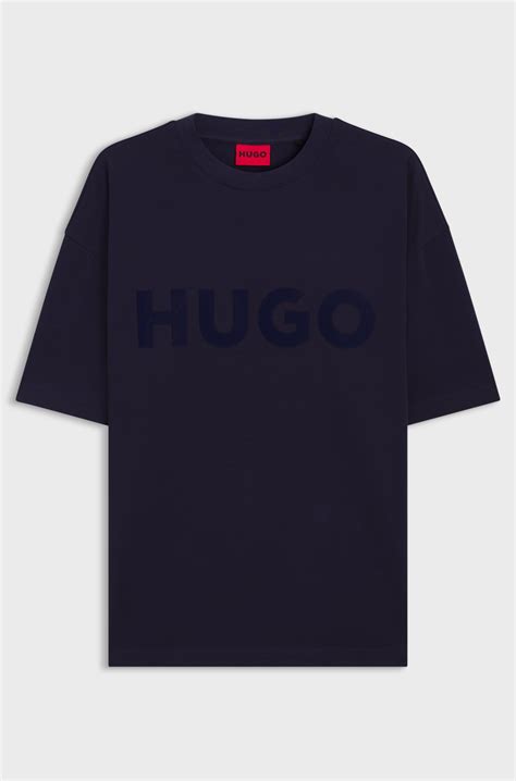 HUGO - Oversized-fit T-shirt in cotton with reflective logo - Dark Blue
