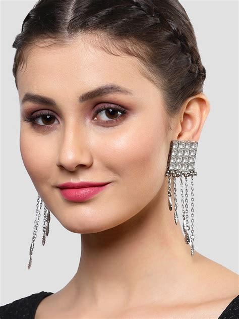 Oxidised Silver Kundan Dangler Silver Earrings for Women