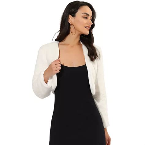 Women's Collarless Long Sleeve Open Front Faux Fur Shrug Cropped Coat