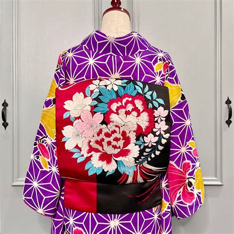 木蓮×麻の葉＊モクレン パープル 紫 花 アンティーク小紋着物 A565 | kimono tento