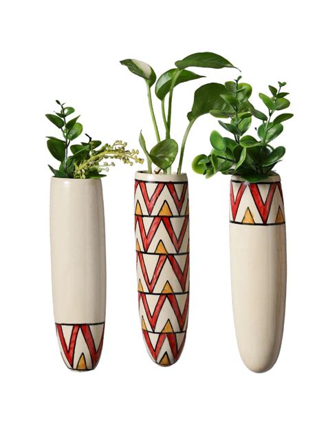 Hand Painted Red Chevron and Offwhite Ceramic Wall Planters Set of 3 ...