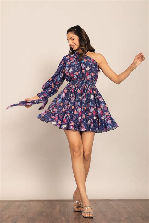 Multicolor Floral Printed One Sholder Off Short Dress – Kaoribyshreya