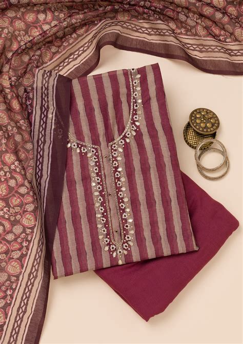 Buy Wine Printed Tissue Unstitched Salwar Suit - Koskii