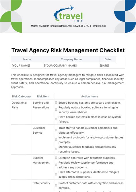 Free Travel Agency Risk Management Checklist Template to Edit Online